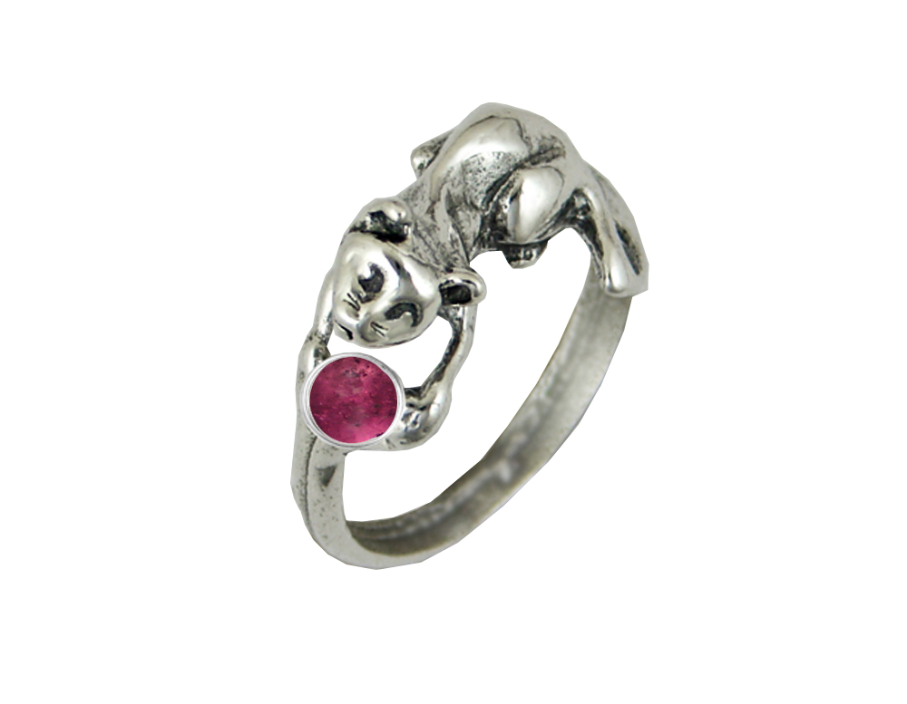 Sterling Silver Kitty Cat Ring With Pink Tourmaline Size 5